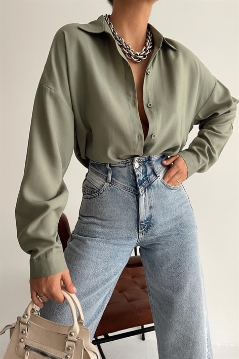 Yan Düğme Detaylı Basic Gömlek Haki