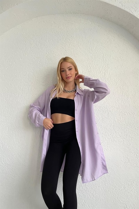 Yan Düğme Detaylı Basic Gömlek Lila