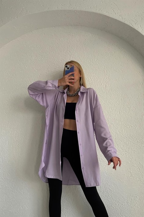 Yan Düğme Detaylı Basic Gömlek Lila
