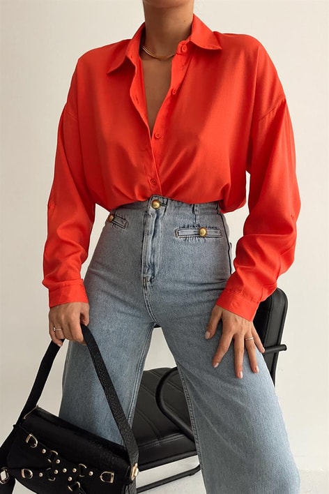 Yan Düğme Detaylı Basic Gömlek Oranj