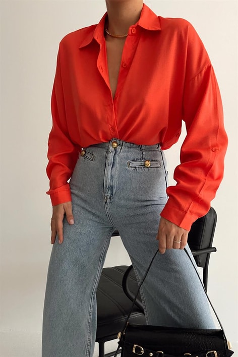 Yan Düğme Detaylı Basic Gömlek Oranj