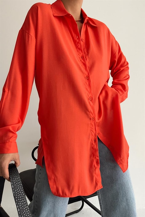 Yan Düğme Detaylı Basic Gömlek Oranj