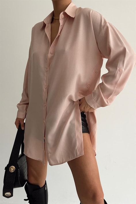 Yan Düğme Detaylı Basic Gömlek Pudra