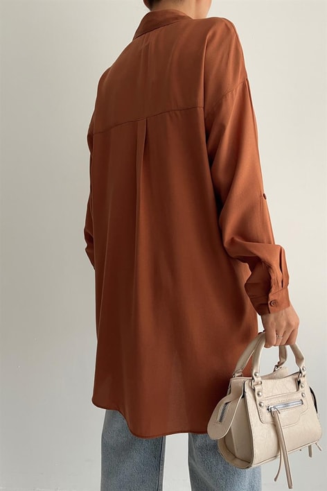 Yan Düğme Detaylı Basic Gömlek Taba