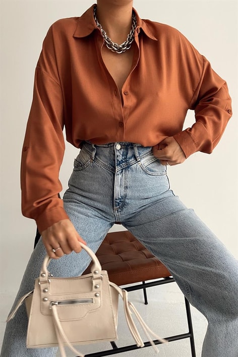 Yan Düğme Detaylı Basic Gömlek Taba