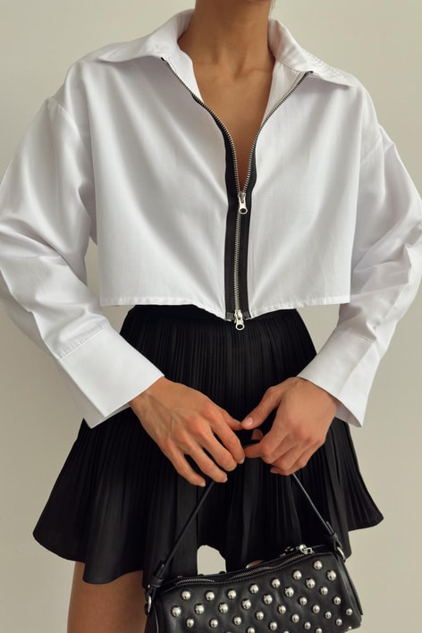 Zip Detay Poplin Crop Gömlek Beyaz