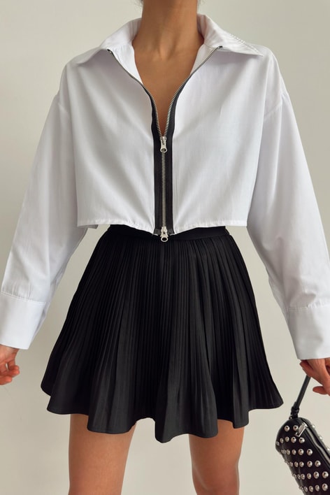 Zip Detay Poplin Crop Gömlek Beyaz