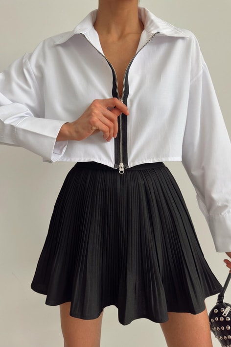 Zip Detay Poplin Crop Gömlek Beyaz