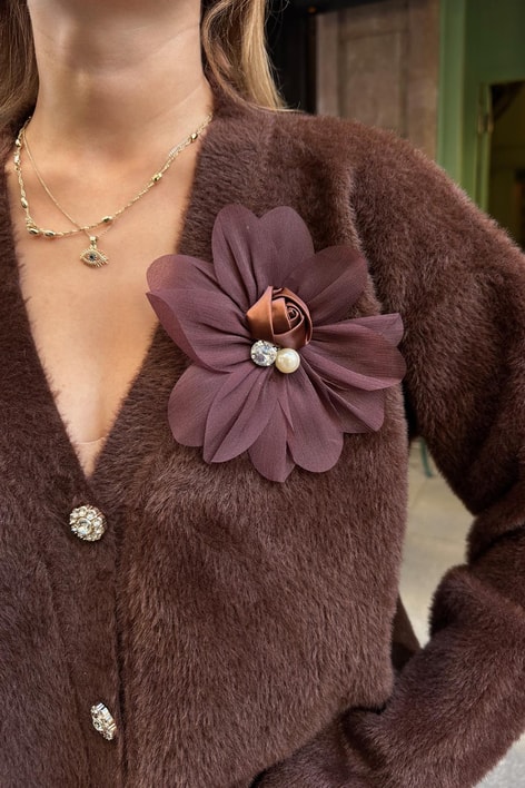 Broş Çiçek Detaylı Yumoş Hırka Kahve