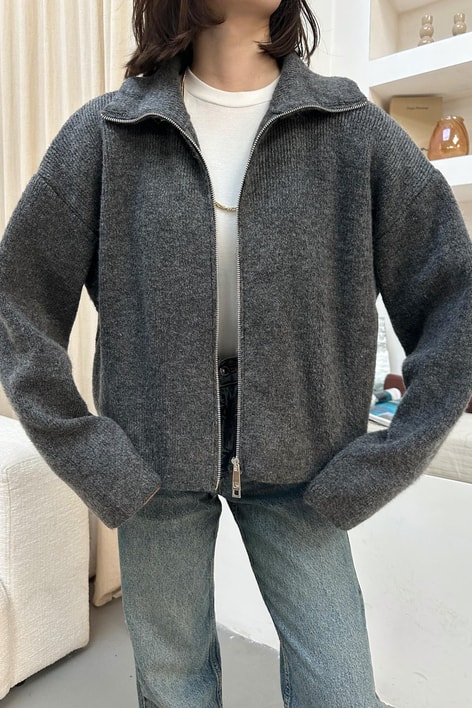 Dik Yaka Fermuarlı Hırka Antrasit