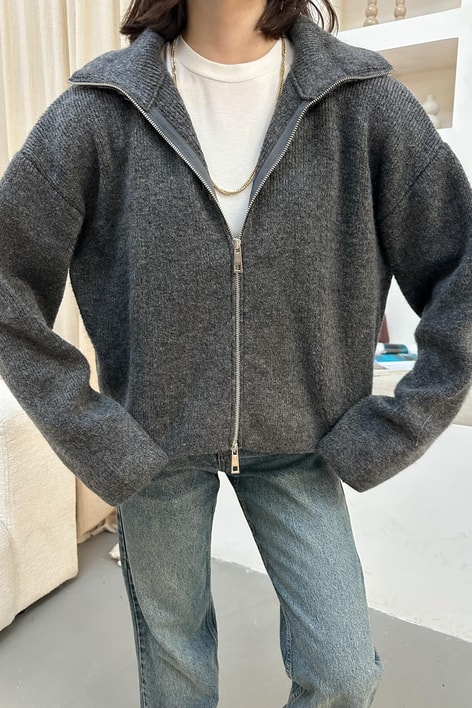 Dik Yaka Fermuarlı Hırka Antrasit