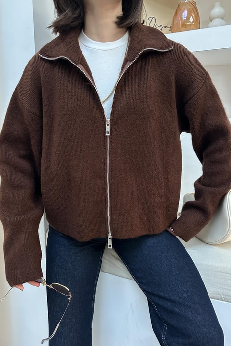 Dik Yaka Fermuarlı Hırka Kahve