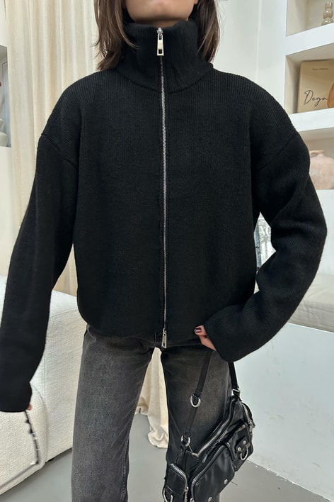 Dik Yaka Fermuarlı Hırka Siyah