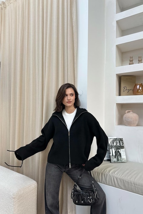 Dik Yaka Fermuarlı Hırka Siyah