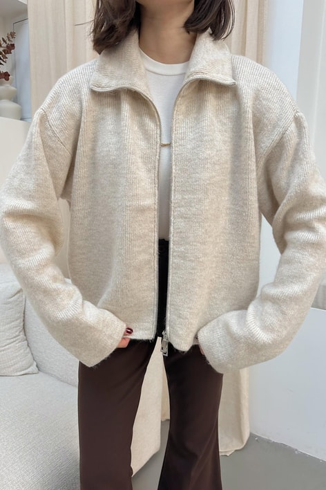 Dik Yaka Fermuarlı Hırka Taş