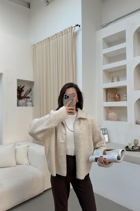 Dik Yaka Fermuarlı Hırka Taş