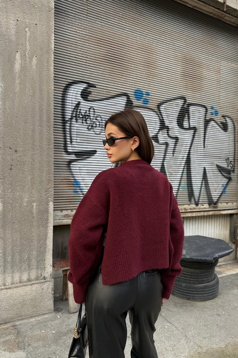 Dik Yaka Yırtmaçlı Triko Hırka Bordo
