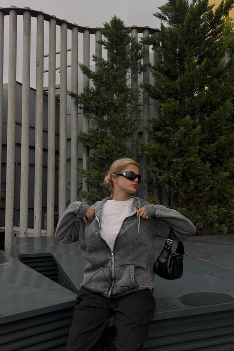 Eskitme Kapusonlu Hırka Füme