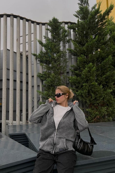 Eskitme Kapusonlu Hırka Füme