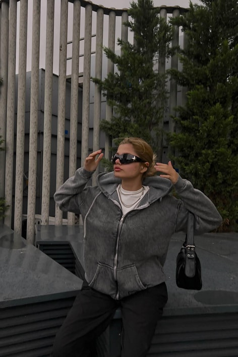 Eskitme Kapusonlu Hırka Füme