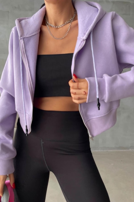 Fermuarlı Crop Hırka Lila
