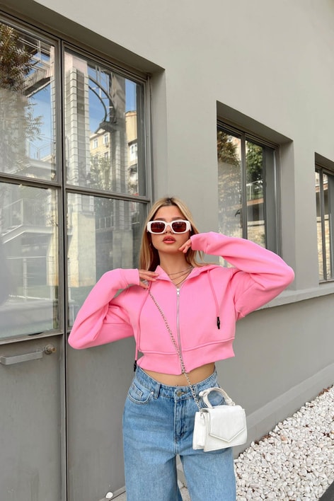 Fermuarlı Crop Hırka Şeker Pembe