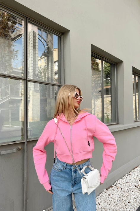 Fermuarlı Crop Hırka Şeker Pembe