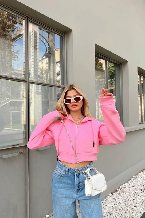 Fermuarlı Crop Hırka Şeker Pembe