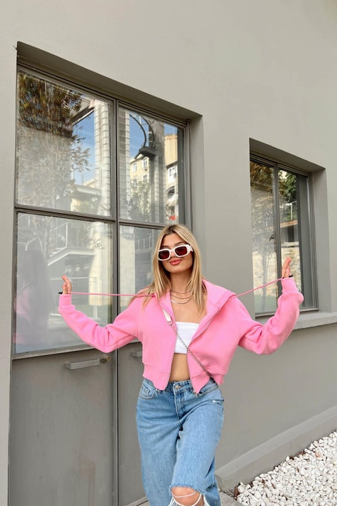 Fermuarlı Crop Hırka Şeker Pembe