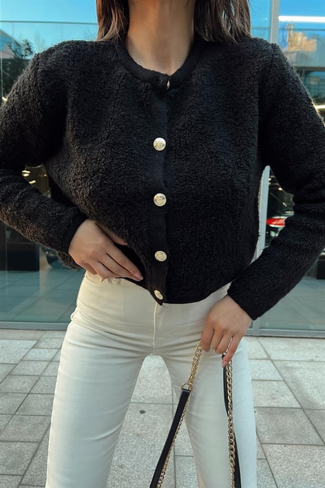 Gold Düğme Yumoş Hırka Siyah