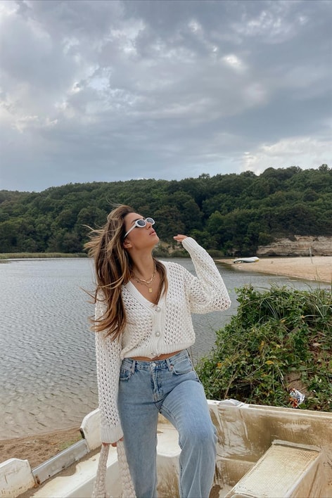 İnci Düğmeli Triko Hırka Bej