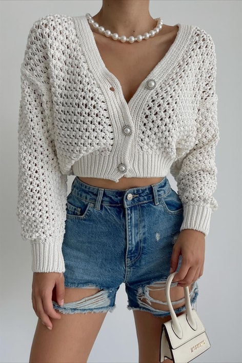 İnci Düğmeli Triko Hırka Bej