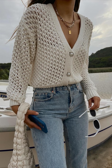 İnci Düğmeli Triko Hırka Bej