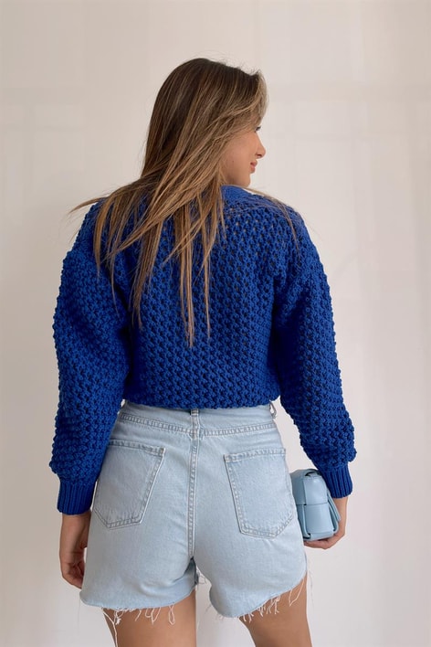 İnci Düğmeli Triko Hırka Saks Mavisi