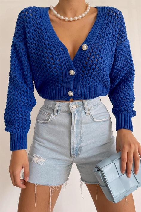 İnci Düğmeli Triko Hırka Saks Mavisi