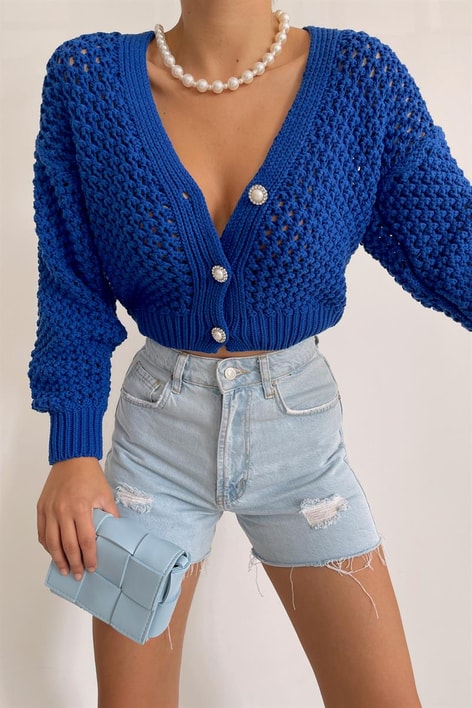 İnci Düğmeli Triko Hırka Saks Mavisi