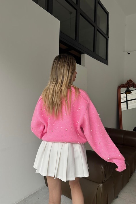 İncili Yün Bomber Hırka Şeker Pembe