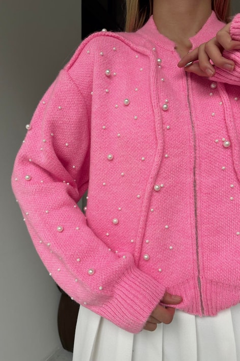 İncili Yün Bomber Hırka Şeker Pembe