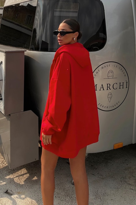 Kanguru Cep Kapüşonlu Hırka Kırmızı