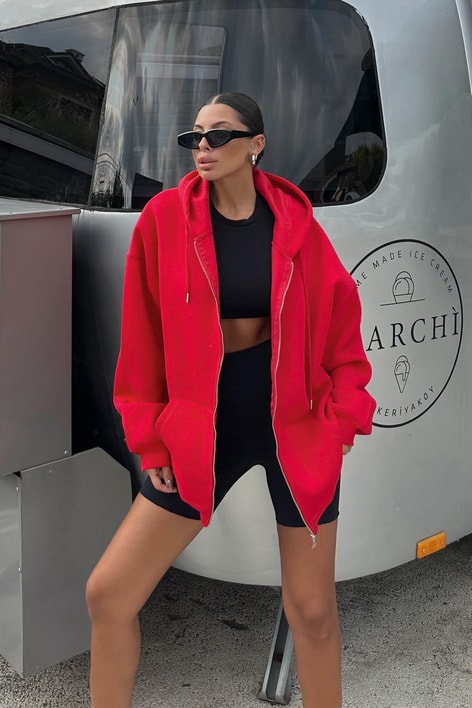 Kanguru Cep Kapüşonlu Hırka Kırmızı