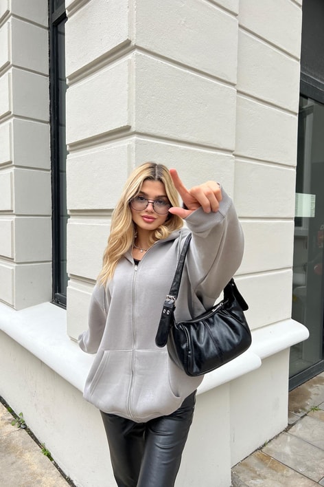 Kanguru Cep Kapüşonlu Hırka Koyu Gri