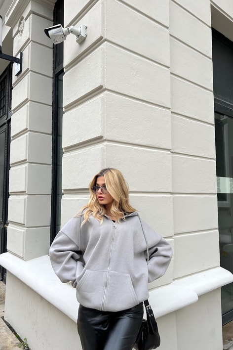 Kanguru Cep Kapüşonlu Hırka Koyu Gri