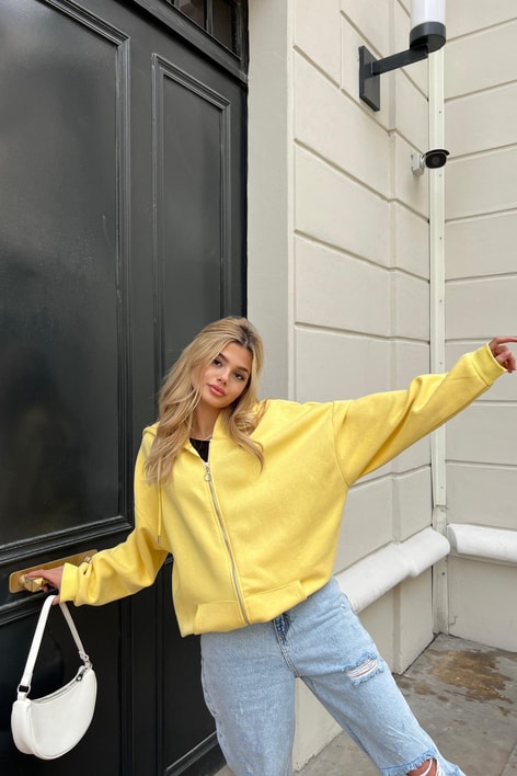 Kanguru Cep Kapüşonlu Hırka Sarı