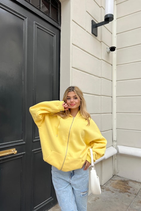 Kanguru Cep Kapüşonlu Hırka Sarı