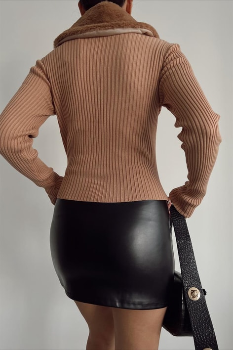 Kürk Yaka Detaylı Triko Hırka Camel