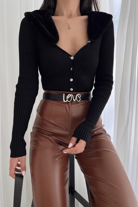 Kürk Yaka Detaylı Triko Hırka Siyah