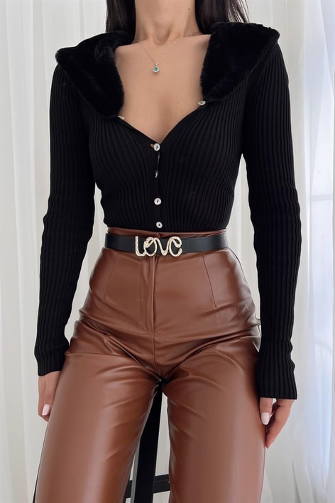 Kürk Yaka Detaylı Triko Hırka Siyah