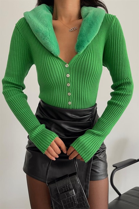 Kürk Yaka Detaylı Triko Hırka Yeşil