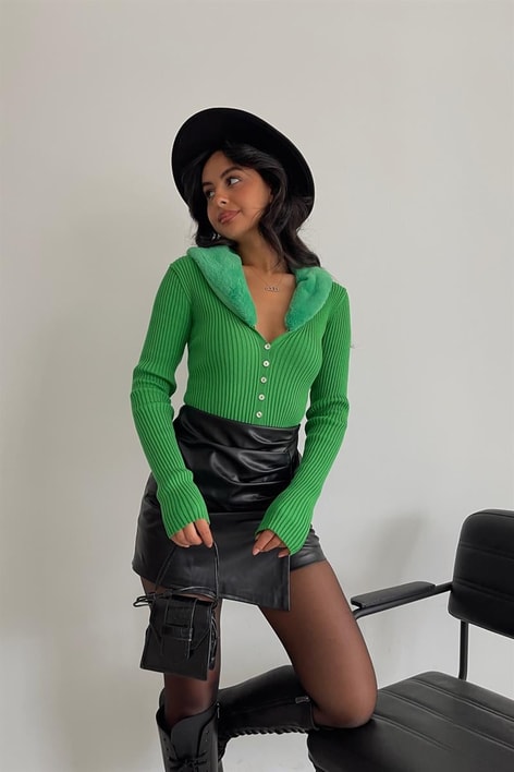 Kürk Yaka Detaylı Triko Hırka Yeşil