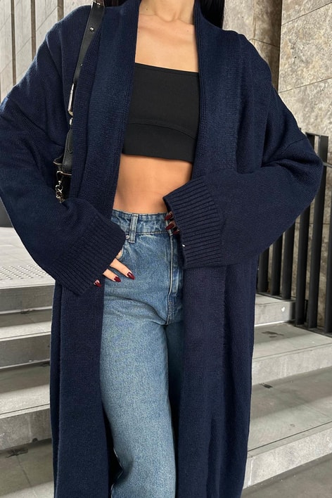 Önü Açık Şal Yaka Hırka Lacivert